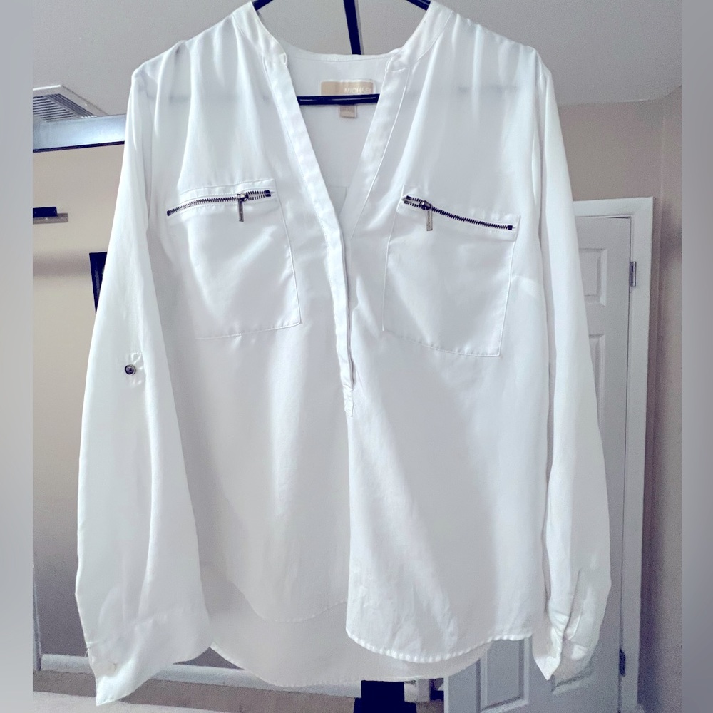 White, Michael Kors long-sleeve sheer blouse with zipper pockets. - Picture 1 of 5